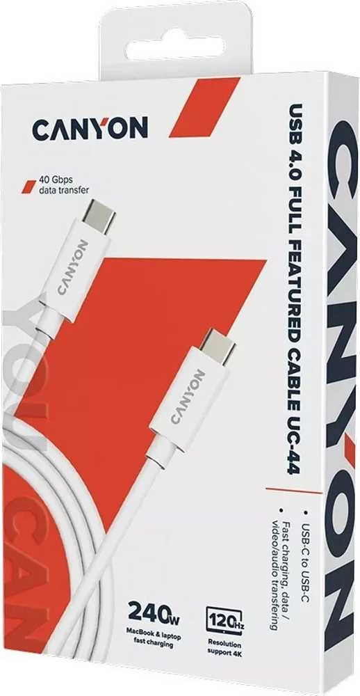 CANYON UC-44, kabelis, U4-CC-5A1M-E, USB4 TYPE-C į TYPE-C kabelių rinkinys 40G 1m 5A 240W(ERP) su E-MARK, CE, ROHS, baltas