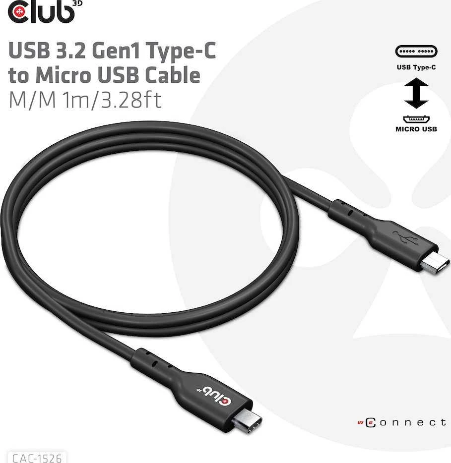 Club 3D Club3D Kabelis USB 3.2 Gen1 C tipo mikro USB laidas (M/M), dvikryptis, 1 m