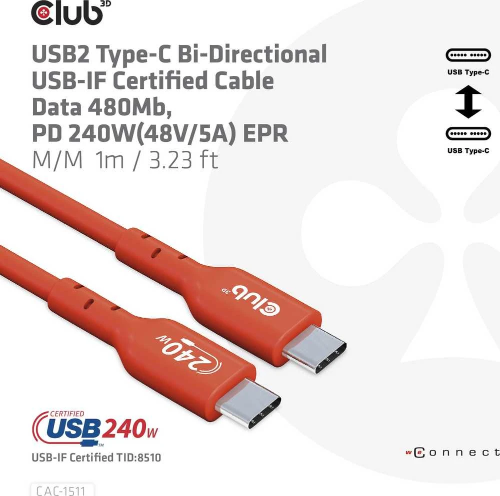 USB kabelis Club 3D USB-C - USB-C 1 m Raudona (CAC- 1511)