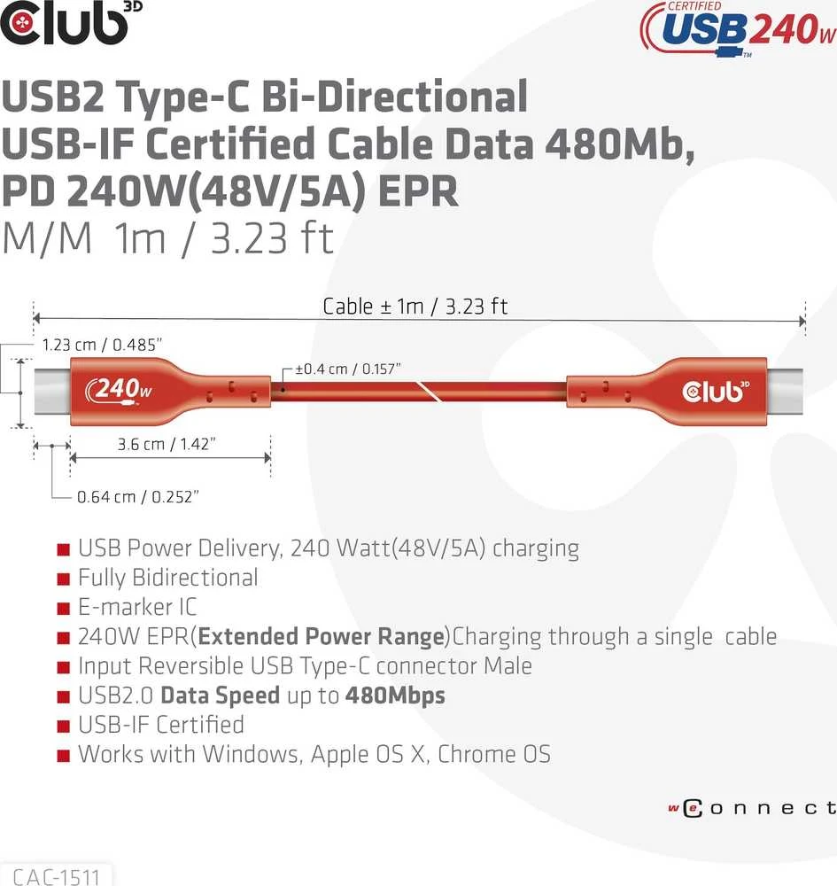 USB kabelis Club 3D USB-C - USB-C 1 m Raudona (CAC- 1511)