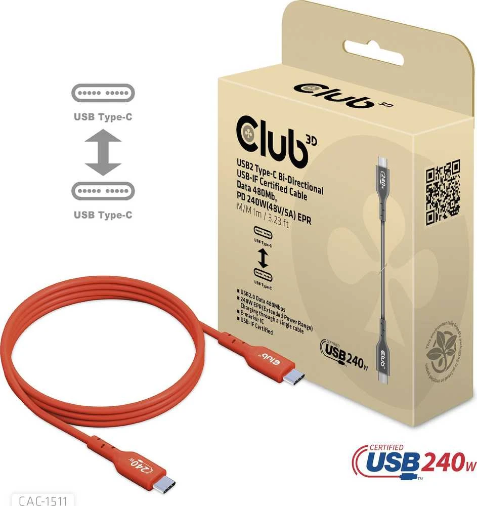 USB kabelis Club 3D USB-C - USB-C 1 m Raudona (CAC- 1511)