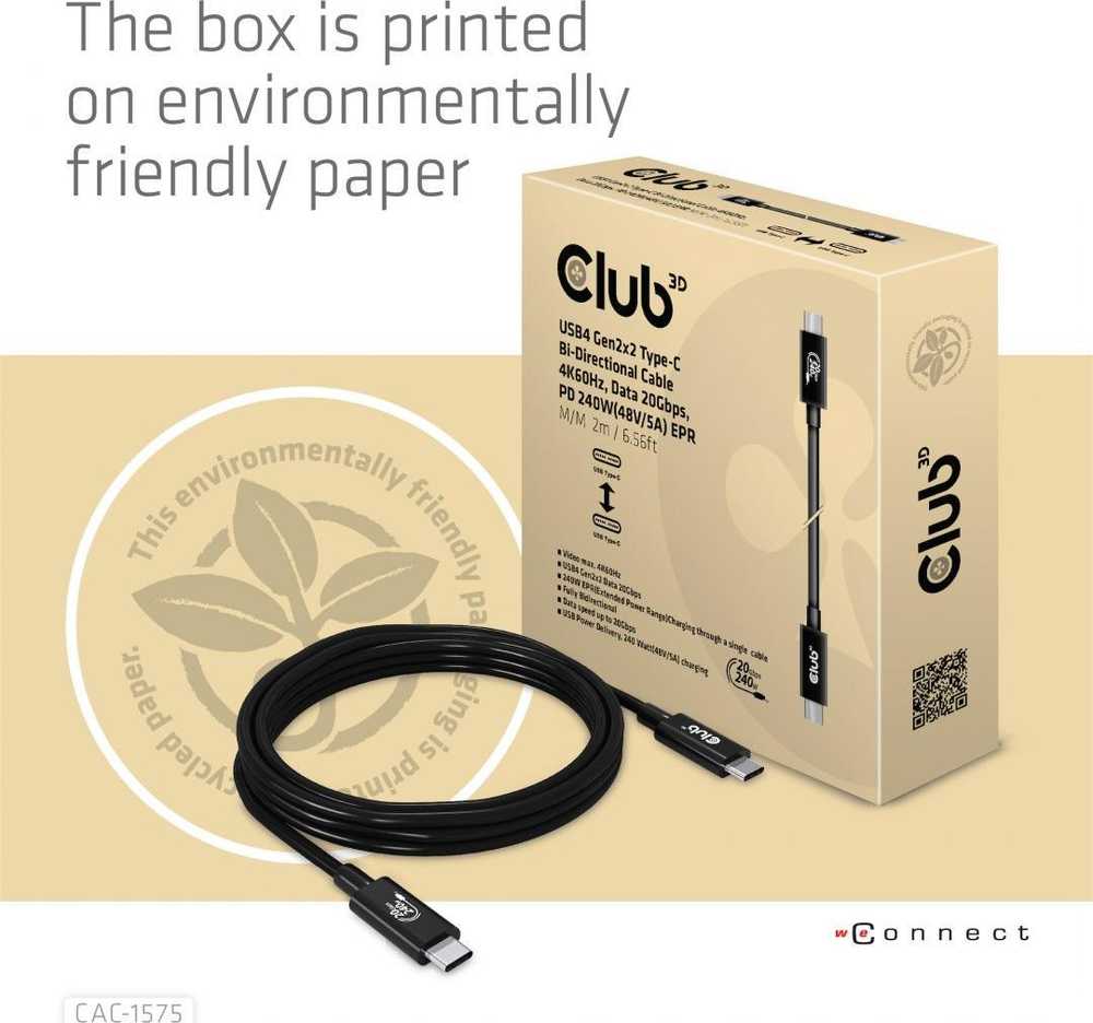 USB kabelis Club 3D USB-C - USB-C 2 m Juodas (CAC- 1575)