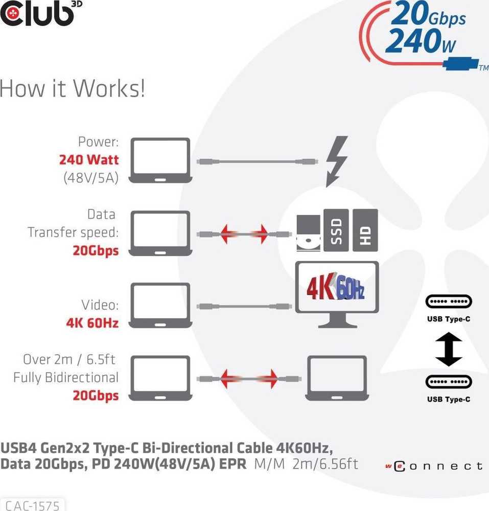 USB kabelis Club 3D USB-C - USB-C 2 m Juodas (CAC- 1575)