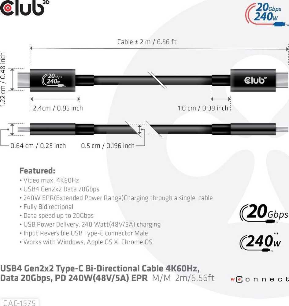 USB kabelis Club 3D USB-C - USB-C 2 m Juodas (CAC- 1575)