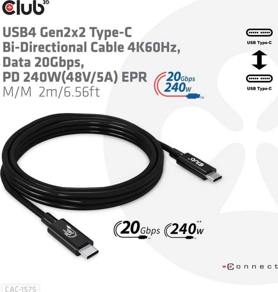 USB kabelis Club 3D USB-C - USB-C 2 m Juodas (CAC- 1575)