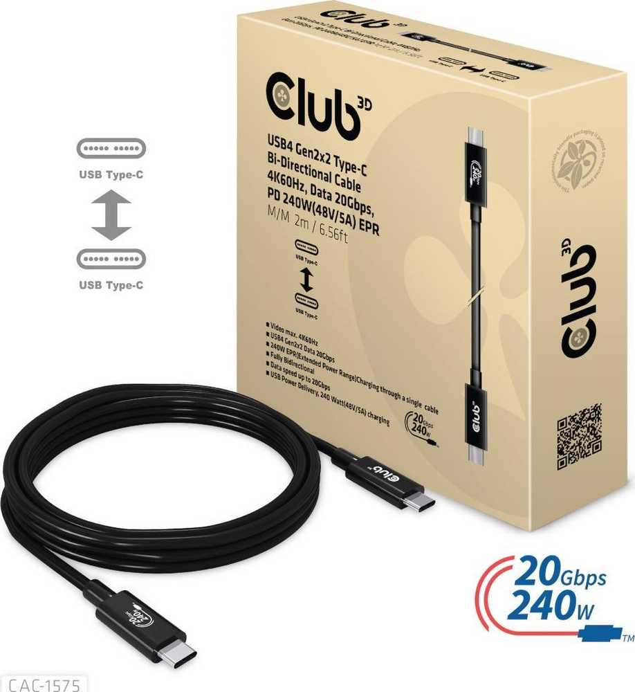 USB kabelis Club 3D USB-C - USB-C 2 m Juodas (CAC- 1575)