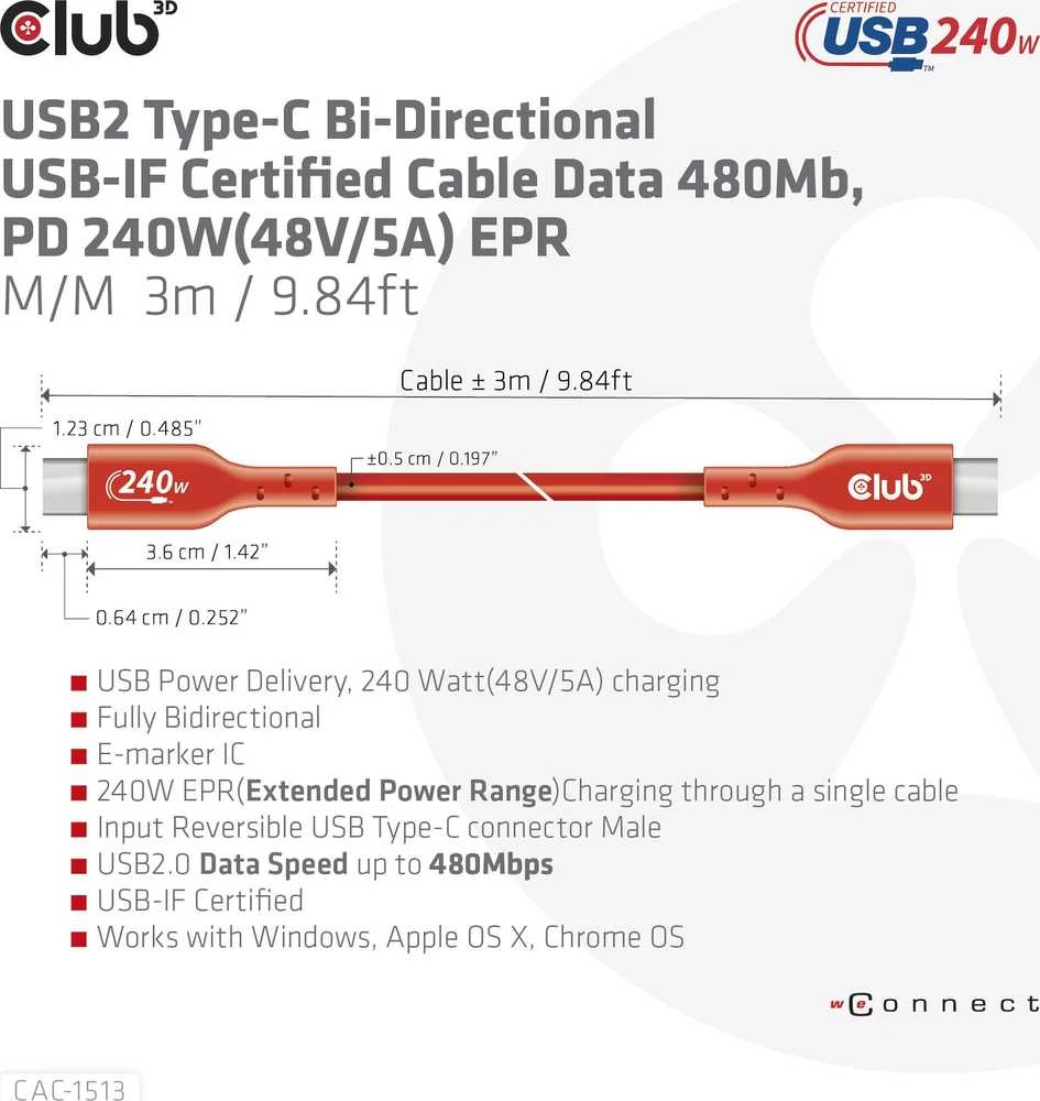 CLUB 3D USB2 Type-C dvikryptis kabelis 3m