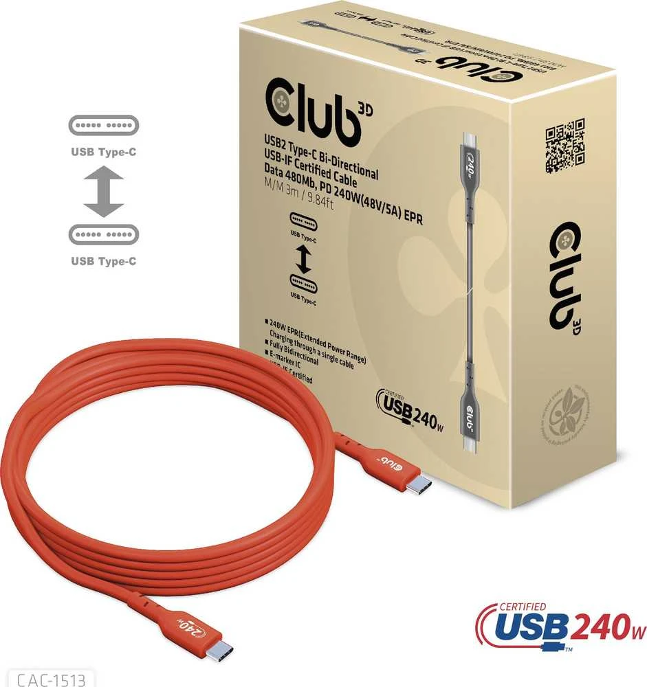 CLUB 3D USB2 Type-C dvikryptis kabelis 3m