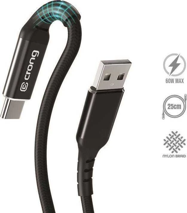 Crong Armor Link - USB-A to USB-C 60W 3A Braided Cable Power Delivery Fast Charging 25cm juodos spalvos