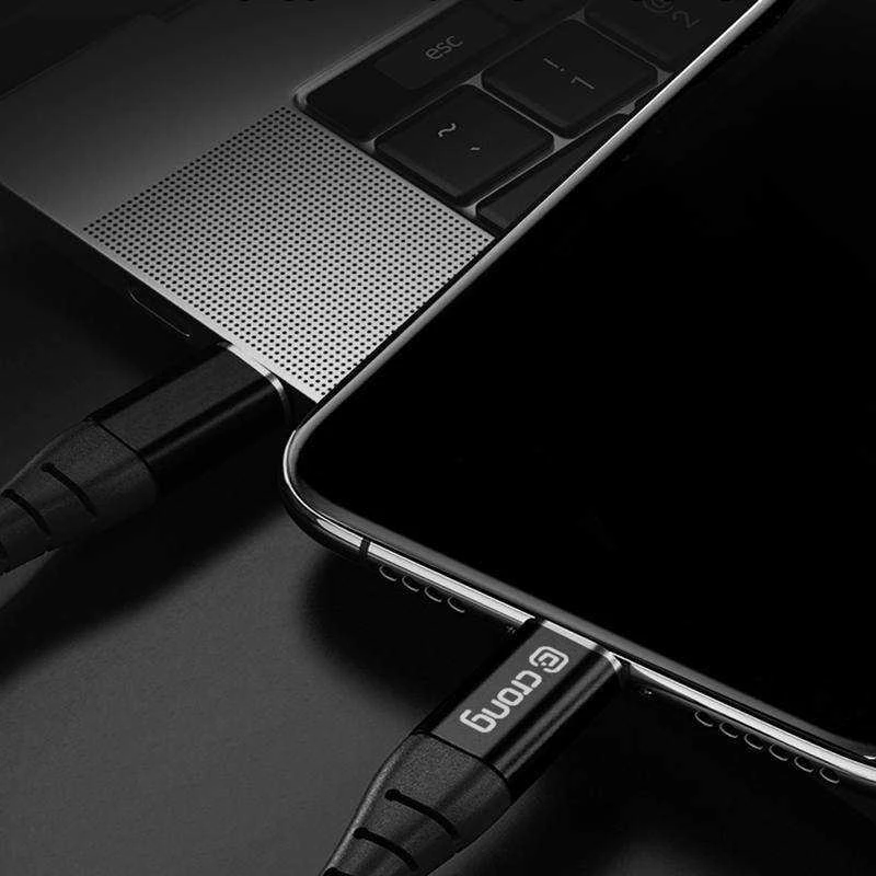 Crong Armor Link - USB-A to USB-C 60W 3A Braided Cable Power Delivery Fast Charging 25cm juodos spalvos