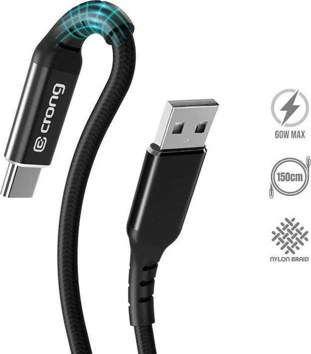 „Crong Armor Link“ – USB-C į USB-A 60 W pintas kabelis, maitinimo tiekimas, greitas įkrovimas, 150 cm juodos spalvos