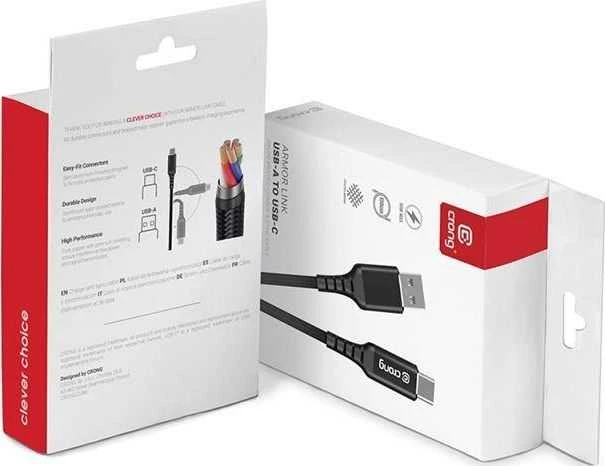 „Crong Armor Link“ – USB-C į USB-A 60 W pintas kabelis, maitinimo tiekimas, greitas įkrovimas, 150 cm juodos spalvos