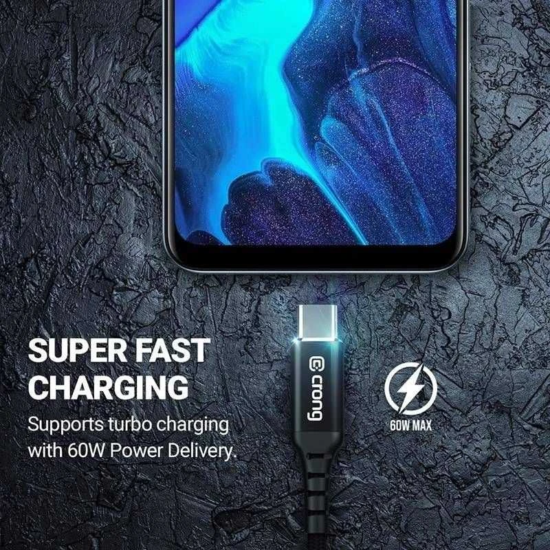 „Crong Armor Link“ – USB-C į USB-A 60 W pintas kabelis, maitinimo tiekimas, greitas įkrovimas, 150 cm juodos spalvos