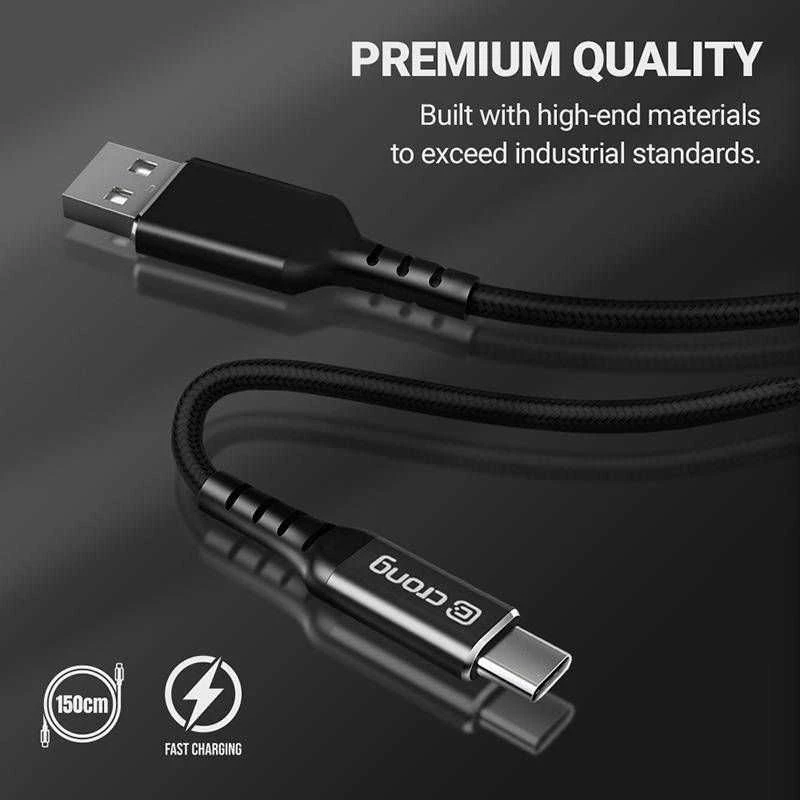 „Crong Armor Link“ – USB-C į USB-A 60 W pintas kabelis, maitinimo tiekimas, greitas įkrovimas, 150 cm juodos spalvos