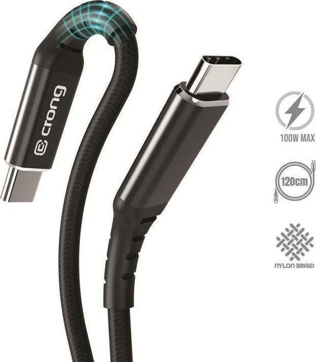 „Crong Armor Link“ – USB-C į USB-C 100 W 5 A pintas kabelis, maitinimo tiekimas, greitas įkrovimas, 120 cm juodos spalvos