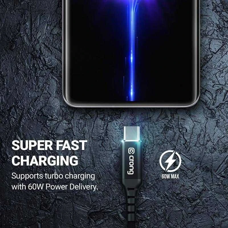 „Crong Armor Link“ – USB-C į USB-C 60 W pintas kabelis, maitinimo tiekimas, greitas įkrovimas, 150 cm juodos spalvos