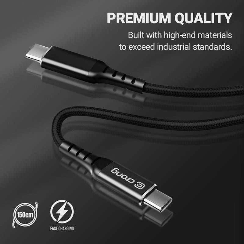 „Crong Armor Link“ – USB-C į USB-C 60 W pintas kabelis, maitinimo tiekimas, greitas įkrovimas, 150 cm juodos spalvos