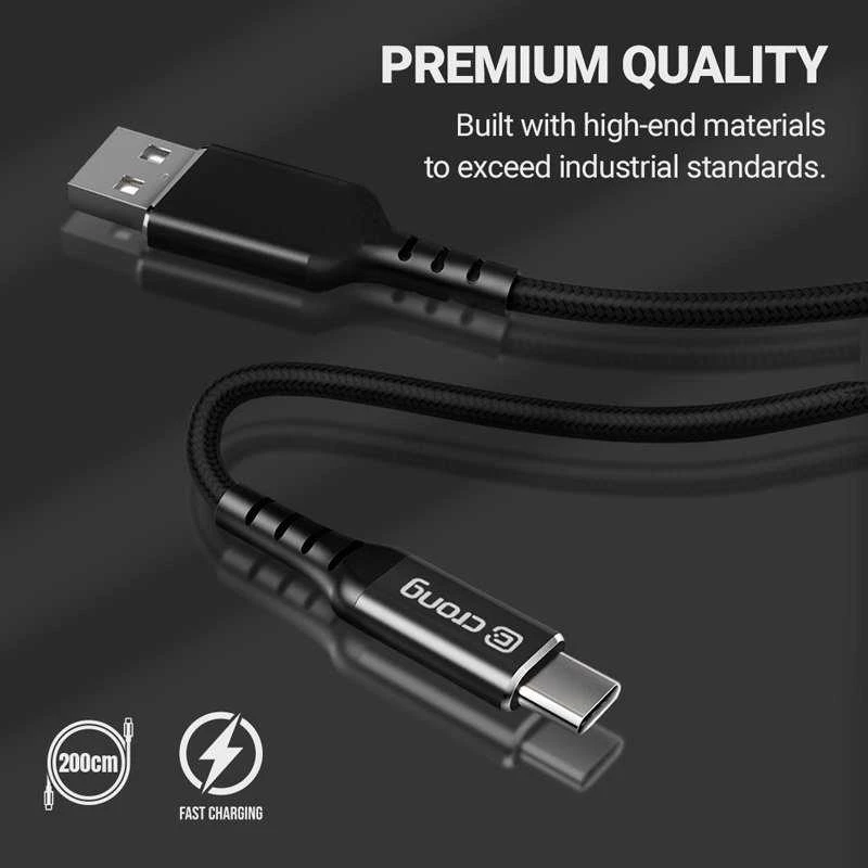 „Crong Armor Link“ – USB-C į USB-C 100 W 5 A pintas kabelis, maitinimo tiekimas, greitas įkrovimas, 200 cm juodos spalvos