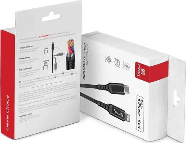 „Crong Armor Link“ – USB-C laidas su „Lightning Fast Charging“ sertifikatu, MFi 150 cm (juodas)