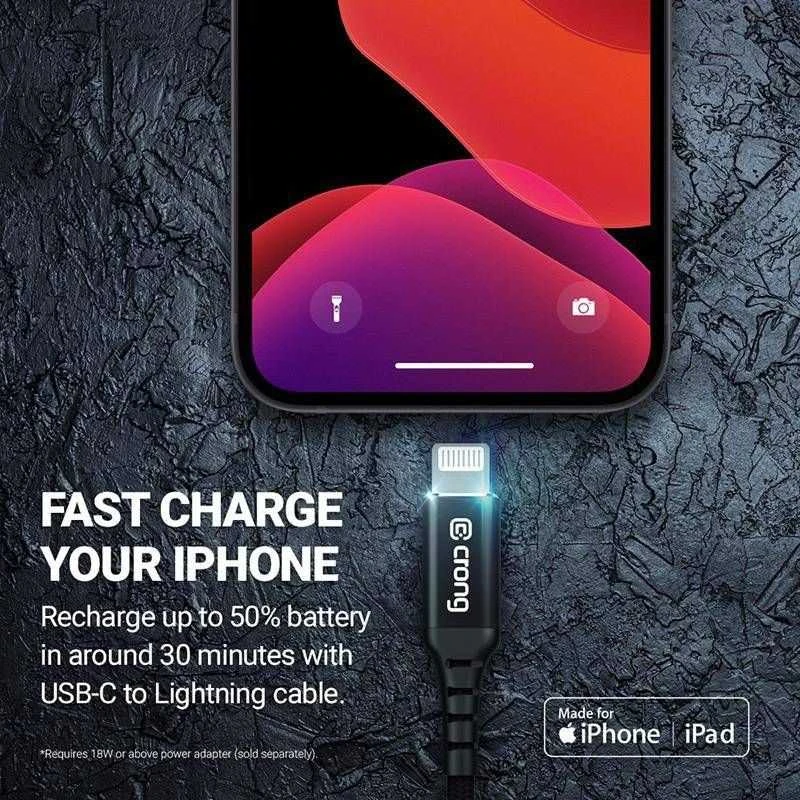 „Crong Armor Link“ – USB-C laidas su „Lightning Fast Charging“ sertifikatu, MFi 150 cm (juodas)