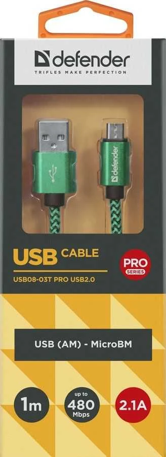 USB kabelis Defender USB-A - mikroUSB 1 m žaliasis (87804)