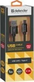 Defender USB AM-TYPE C 1,0m 2.1A Juodas