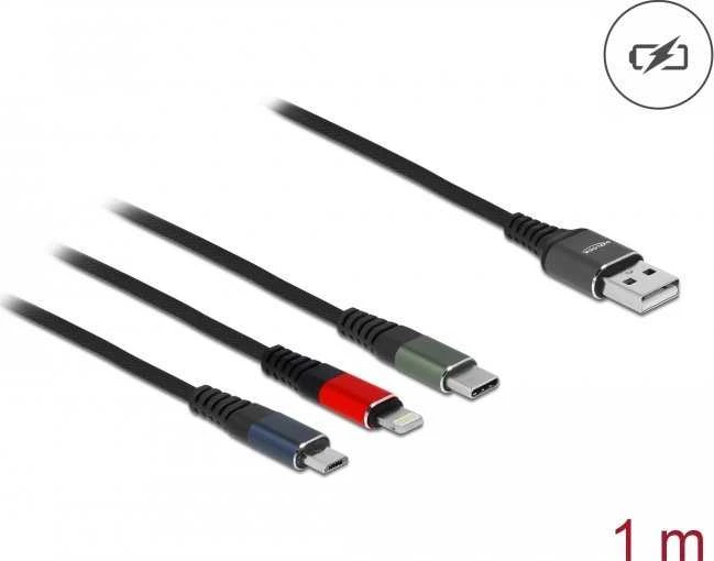 Delock USB įkrovimo laidas 3 viename, skirtas Lightning™ / Micro USB / USB Type-C™ 1 m