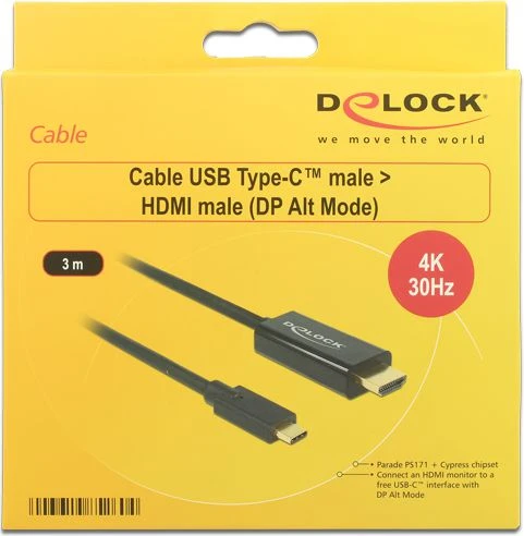 Delock Atrakinimo kabelis USB Type-C™ kištukas > HDMI-A kištukas DP-Alt režimas 4K 30 Hz 3 m juodas