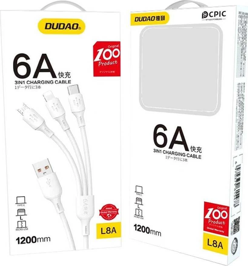 Dudao USB kabelis – USB C / micro USB / Lightning 480Mb/s 6A 1.2m – baltos spalvos