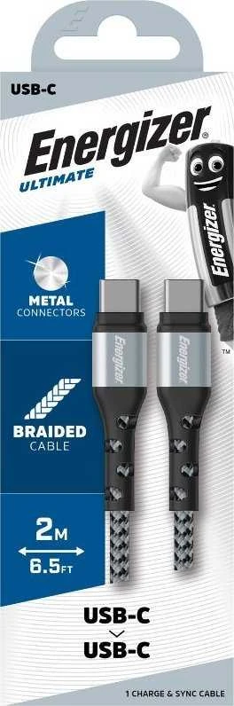 „Energizer Ultimate“ – USB-C į USB-C jungiamasis kabelis, 2 m, Sidabrinis