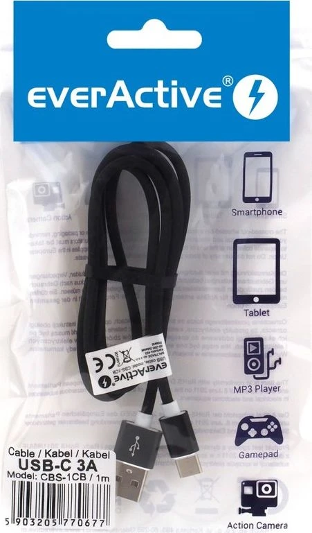 „everActive“ USB-C laidas 1 m - Juodas, silikoninis, greito įkrovimo, 3A - CBS-1CB