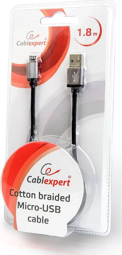 GEMBIRD CCB-mUSB2B-AMBM-6 Gembird cotton braided micro USB cable 2.0 AM-MBM5P 1.8M, metal connectors,juodas
