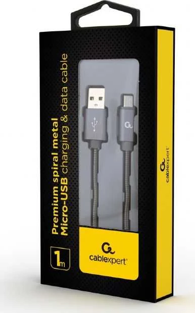 GEMBIRD CC-USB2S-AMmBM-1M-BG Gembird Premium spiralinis metalinis Micro-USB įkrovimo ir duomenų kabelis, 1m, metalinis-pilkas