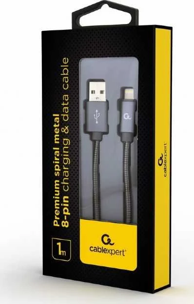 GEMBIRD CC-USB2S-AMLM-1M-BG Gembird Premium spiralinis metalinis 8 kontaktų įkrovimo ir duomenų kabelis, 1m, metalinis-pilkas