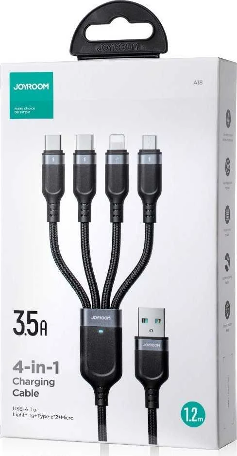 „Joyroom Multi-Use Series S-A18 4in1 USB-A - USB-C / USB-C / Lightning / mikro USB kabelis 1,2 m - juodas