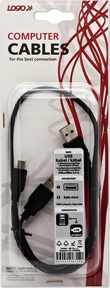Logo USB kabelis (2.0), 2x USB A (M) - miniUSB (M), 0.6m, juoda, blister, EOL