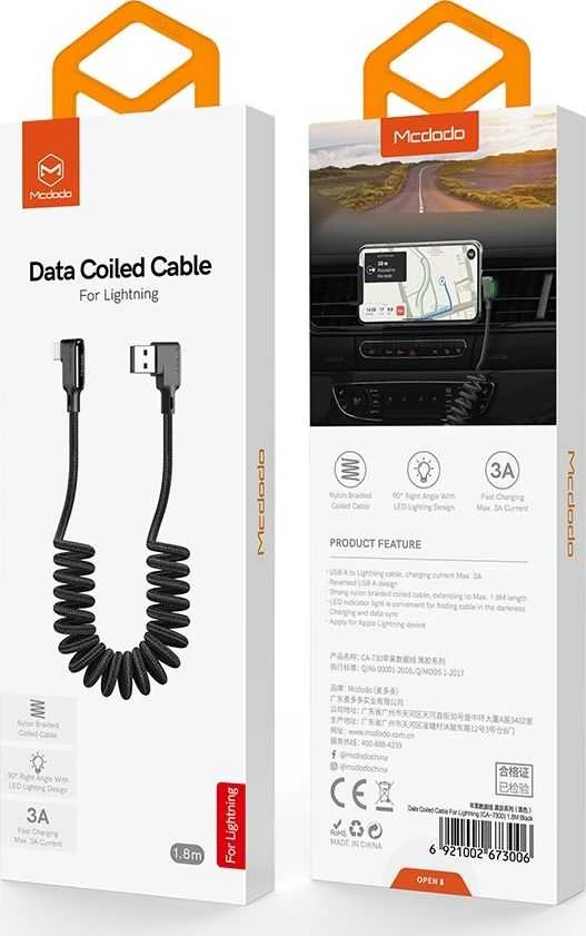 USB prie Lightning kabelis, Mcdodo CA-7300, kampinis, 1.8 m (juodas)