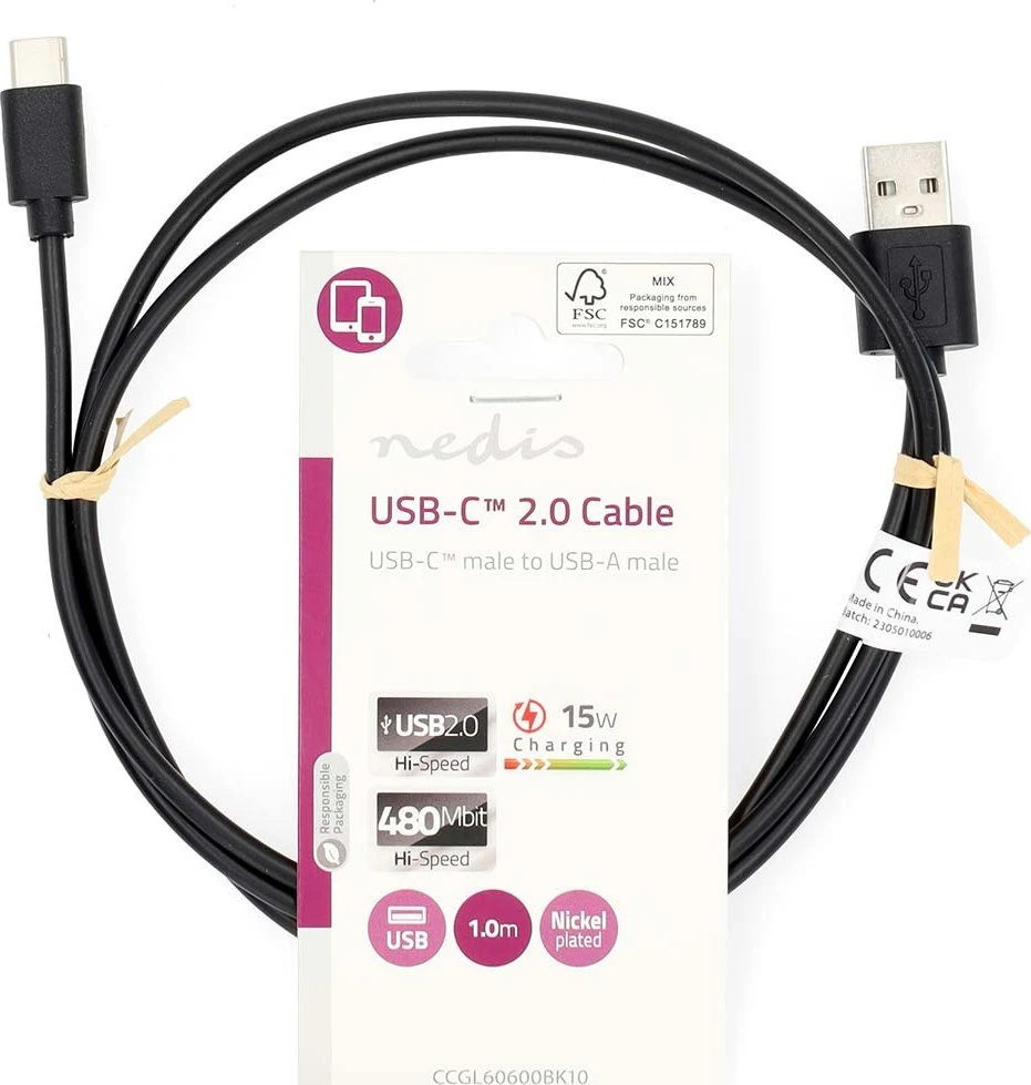 USB kabelis Nedis USB-A - USB-C 1 m juodas (CCGL60600BK10)