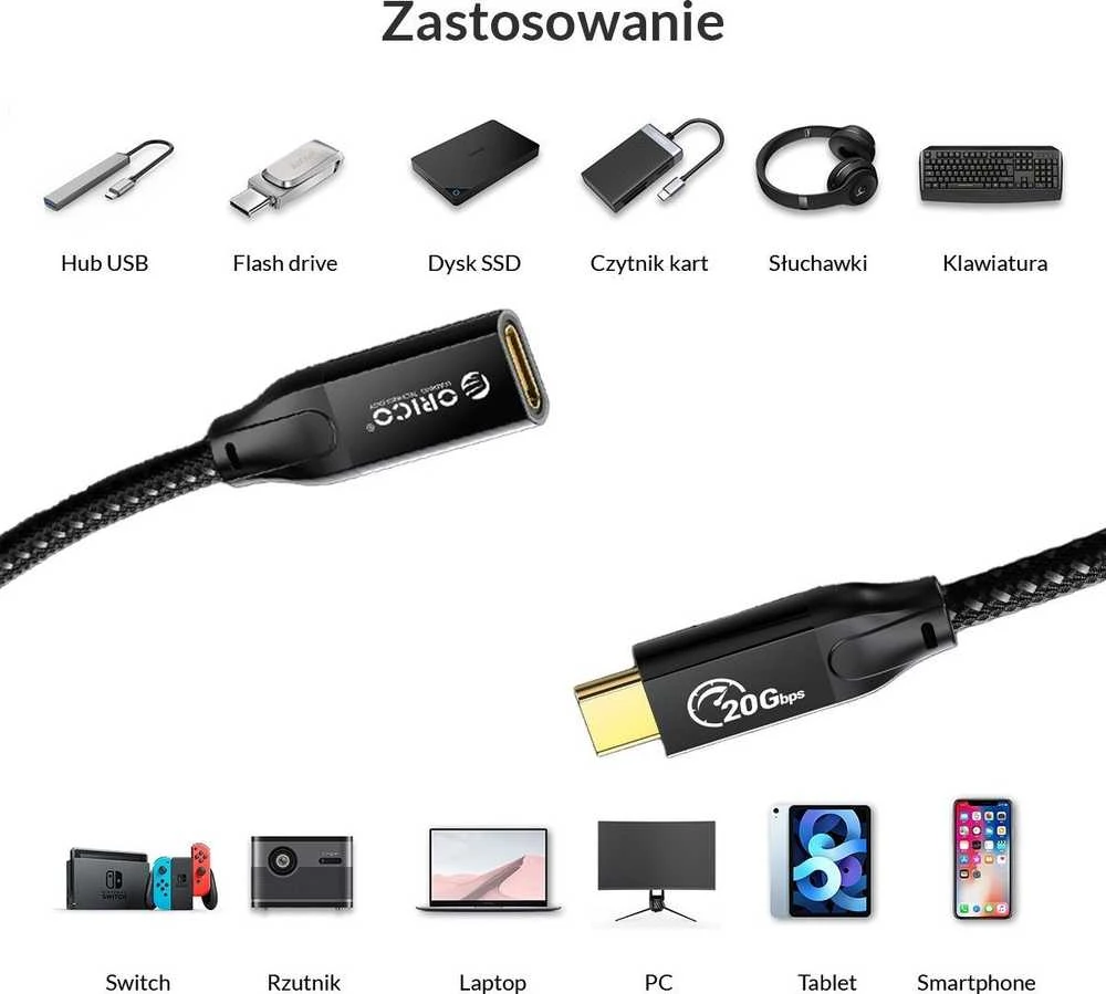 „Orico“ USB-C 3.2 prailginimo kabelis 20 Gbps, 4K, 100 W, 1 m