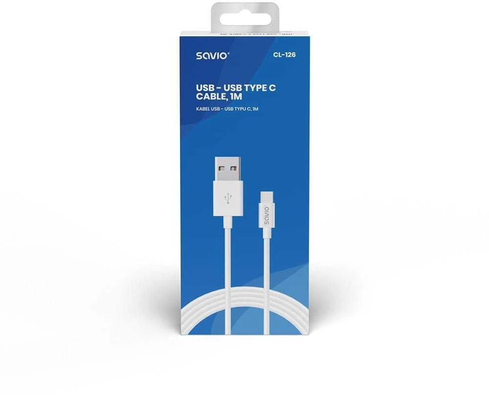 USB kabelis - SAVIO USB Type C 5A 1m 480 Mbit/s Baltas