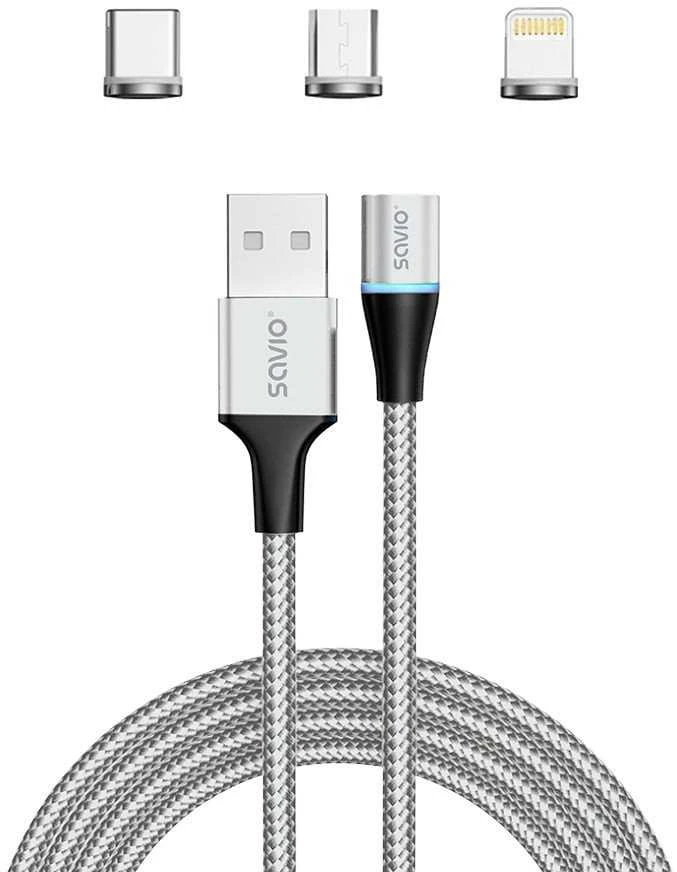 Kabelis USB Savio USB-A - USB-C + microUSB + Lightning 1 m Sidabrinė (1_790966)