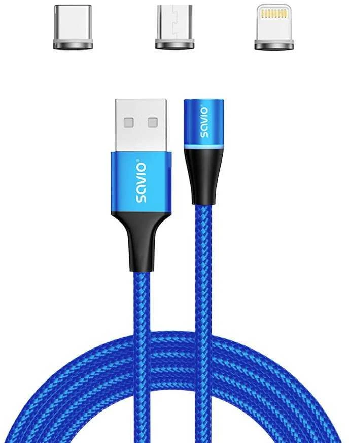 Magnetinis USB kabelis – USB Type C, Micro and Lightning 1m, SAVIO CL-154 Mėlyna