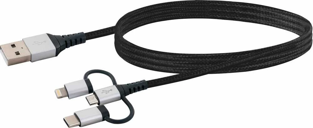 USB kabelis Schwaiger USB-A - USB-C + microUSB + Žaibas 1,5 m juoda (LU100533)