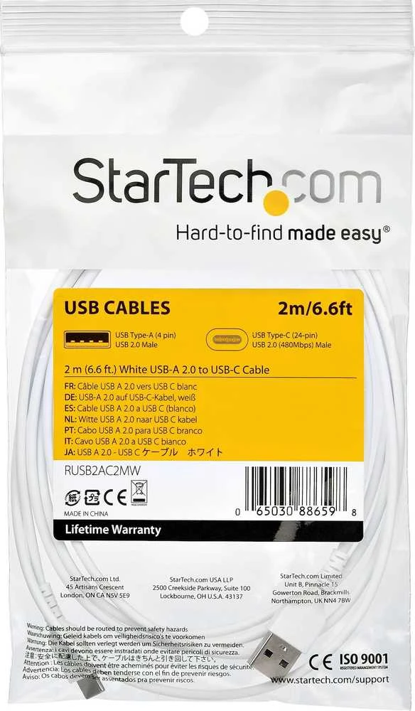 Kabelis USB StarTech USB-A - USB-C 2 m Baltas (RUSB2AC2MW)