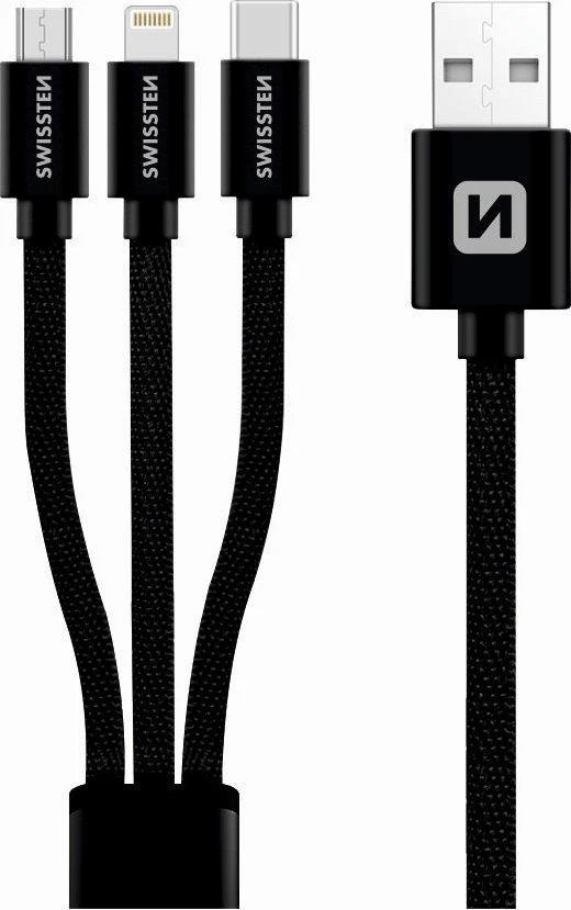 USB kabelis Swissten USB-A - USB-C + microUSB + Lightning 1.2 m Juodas (72501101)