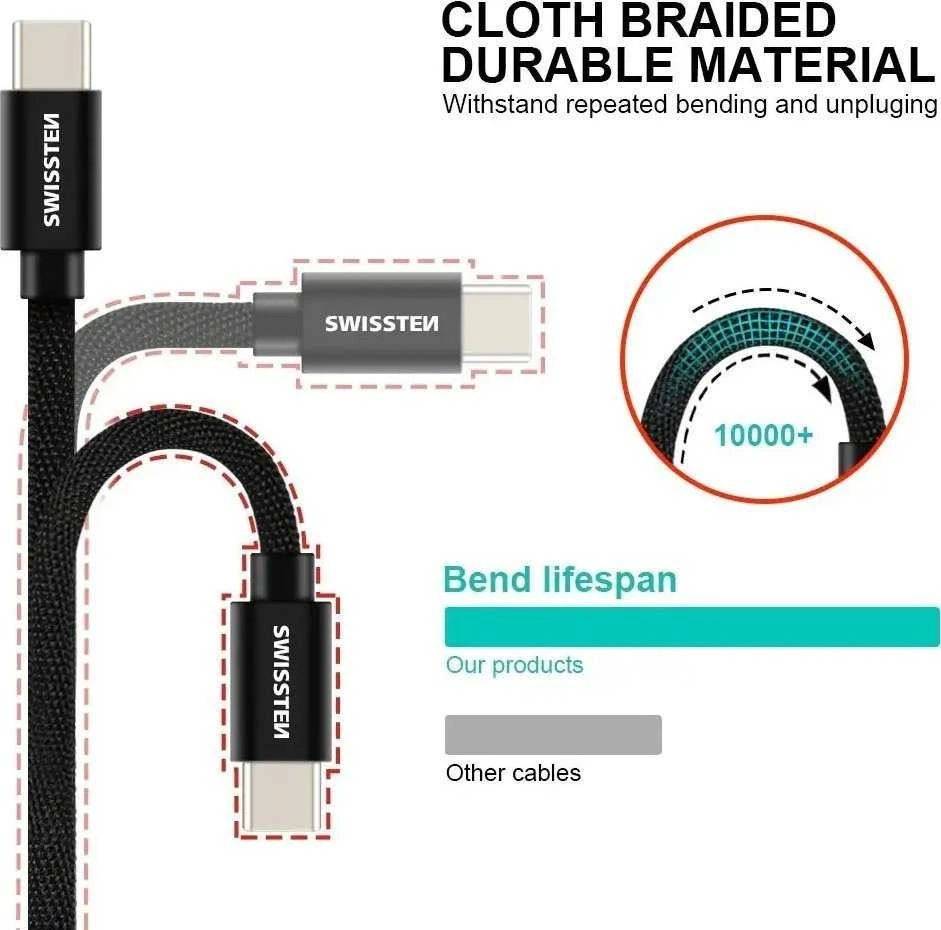 Swissten Textile Universal Quick Charge 3.1 USB-C duomenų ir įkrovimo laidas 1,2 m