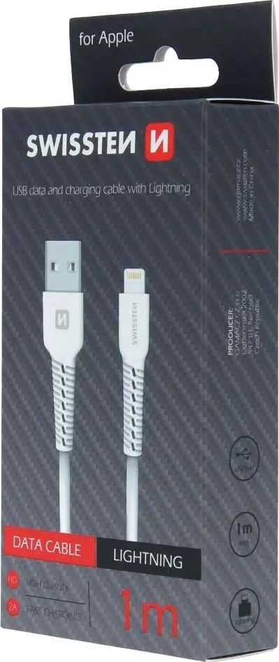 USB kabelis Swissten USB-A - Lightning 1 m, baltas (SW-BA-LIGH-3A-1M-WH)