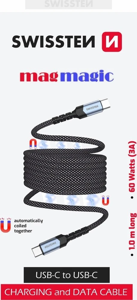 „Swissten“ magnetinis USB-C duomenų kabelis, savaime apsisukantis 60 W 1 m
