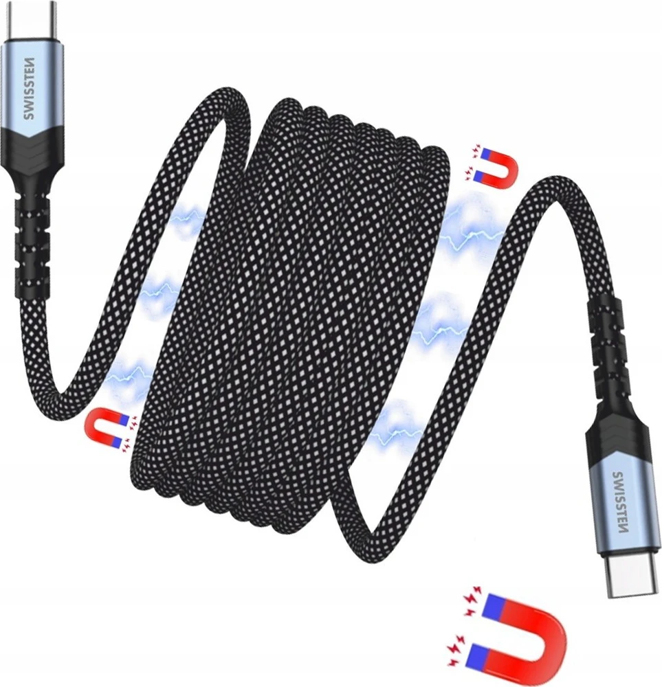 „Swissten“ magnetinis USB-C duomenų kabelis, savaime apsisukantis 60 W 1 m