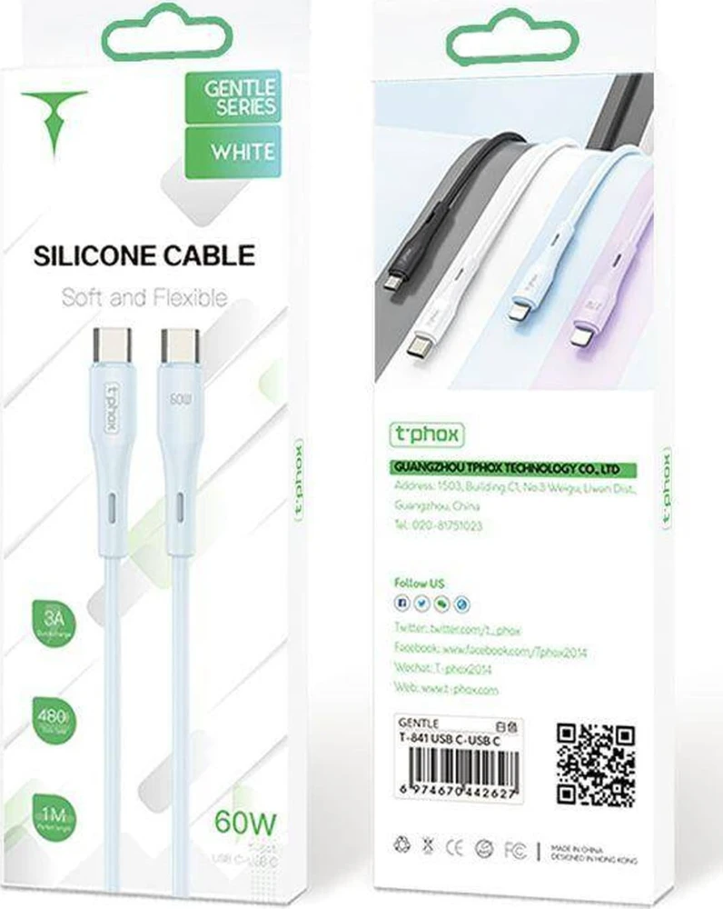 T-PHOX KABELIS GENTLE USB-C/USB-C 60W 1M Baltas